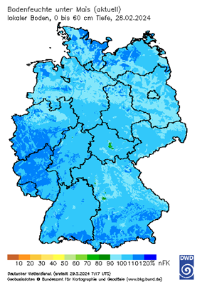 Bodenfeuchte unter Mais im Oberboden in Deutschland
